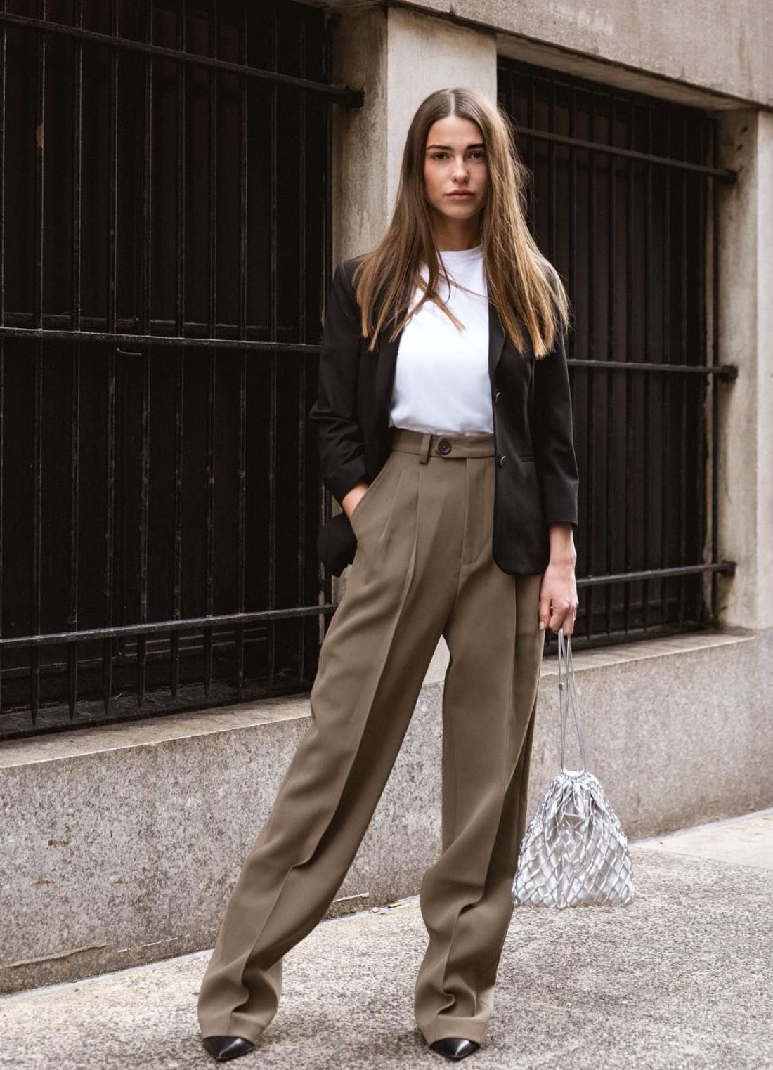 Fall Outfits Sophia Roe in Tailored Trousers, White T-Shirt, Black Jacket Outfit